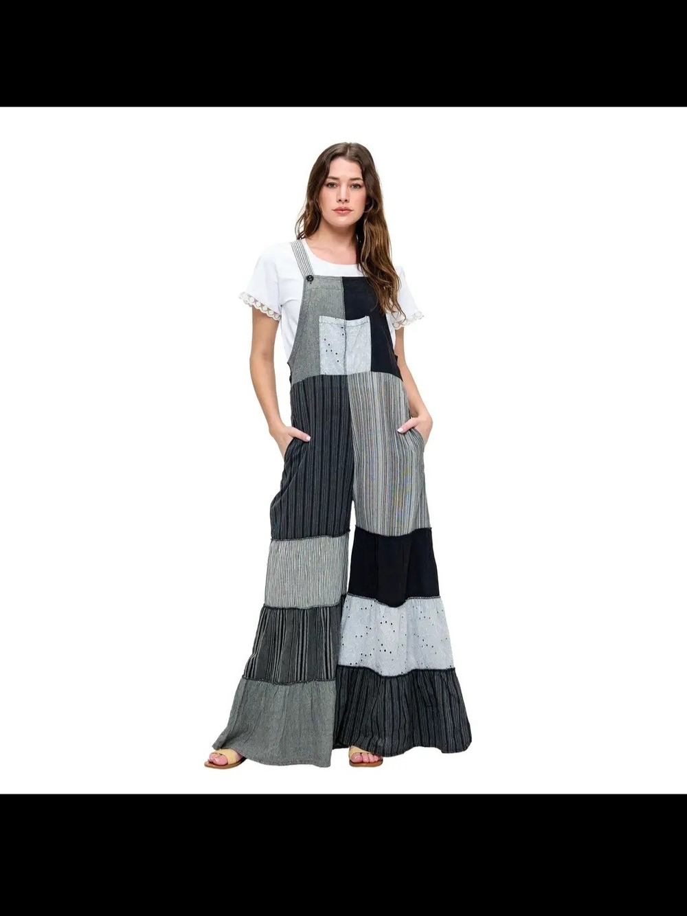 Patchwork Wide Leg Overalls - Black & Gray